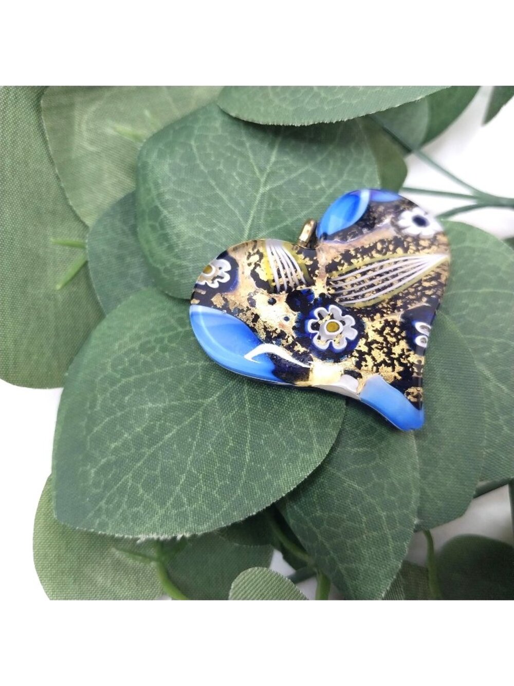 Murano Glass Heart Millefiore Pendant Cobalt Blue Gold Leaf Floral Made In Italy